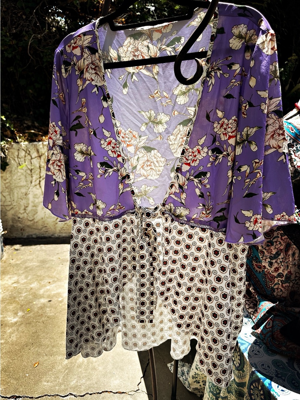 Kimono top , tie front Lavender patchwork.